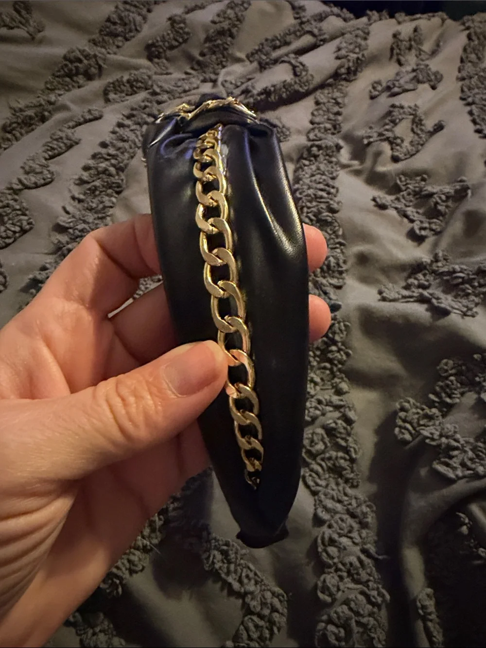 Black Padded Knot Headband with Gold Chain Detail